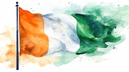 Watercolor depiction of an Irish flag fluttering in the wind. St. Patrick's Day illustration background. Card. - obrazy, fototapety, plakaty
