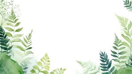 Watercolor fern fronds in a lush and green arrangement for a natural and minimalist look. St. Patrick's Day illustration background. Card with copy space. - obrazy, fototapety, plakaty