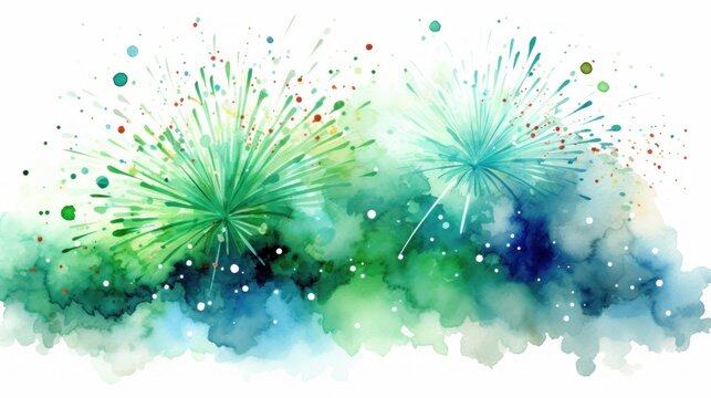 Watercolor depiction of a festive St Patrick's Day fireworks display. St. Patrick's Day illustration background. Card.