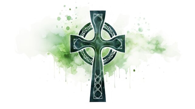 Watercolor illustration of a Celtic cross in green tones. St. Patrick's Day illustration background. Card.