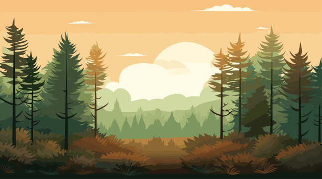 vector background with a soothing color palette of earthy greens and browns. serene forest clearing with tall trees and dappled sunlight