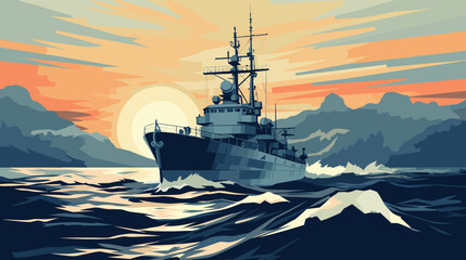 vector scene depicting a naval vessel at sea. a ship cutting through the waves, takes center stage against a serene ocean background. - obrazy, fototapety, plakaty