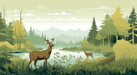 wildlife-themed vector background with natural habitat hues of wildlife green and animal brown. detailed vector illustration of a diverse wildlife habitat with animals, trees - obrazy, fototapety, plakaty