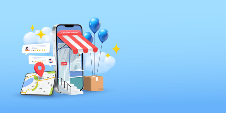 customer ratings and reviews local search Online shopping marketing 3d illustration
