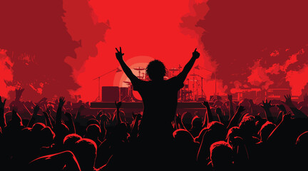 music themed concert crowd tones of live show red and performance black. a music concert with a cheering audience, stage lights. Vector illustration