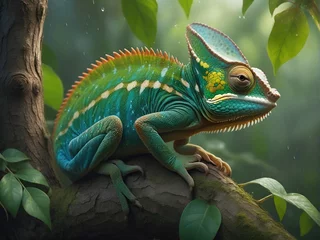 Fototapeten Close-up photo Exotic Reptile of chameleon with various colors of nature © Dwi