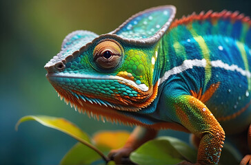 Close-up photo Exotic Reptile of chameleon with various colors of nature