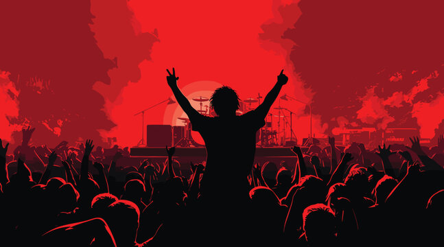 music themed concert crowd tones of live show red and performance black. a music concert with a cheering audience, stage lights. Vector illustration