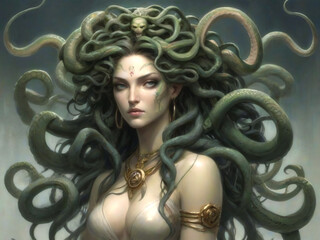 Medusa - The Serpent-Haired Sorceress of Legend, Digital Painting, AI Generative