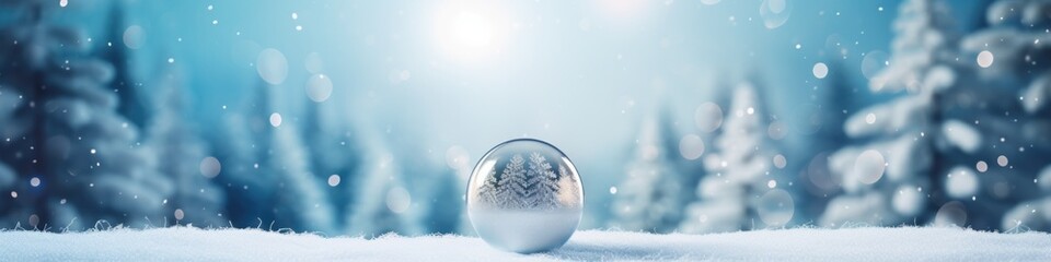 Fototapeta premium Blue christmas ball on abstract blurred background with golden bokeh lights and snow. New year decoration, festive atmosphere concept. Banner with copy space
