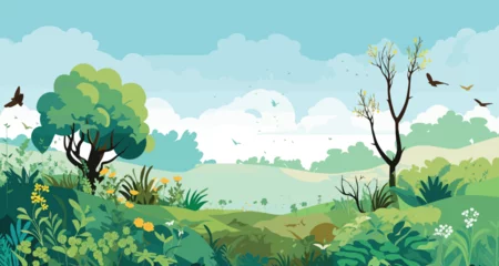 Fotobehang environmental vector background with in earthy greens and sky blues. detailed vector illustration of a thriving ecosystem with diverse flora and fauna. © J.V.G. Ransika