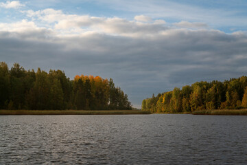 Lake Ladoga near the village Lumivaara on a sunny autumn day, Ladoga skerries, Lakhdenpokhya, Republic of Karelia, Russia