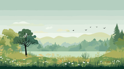 environmental vector background with in earthy greens and sky blues. detailed vector illustration of a thriving ecosystem with diverse flora and fauna.