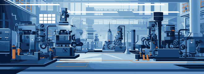 Create an industrial vector background with metallic grays and machinery blues. The subject is a clear vector depiction of a factory floor with heavy machinery and industrial equipment. - obrazy, fototapety, plakaty