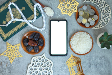 Blank screen smartphone for mockup with Islamic decoration on the grey background