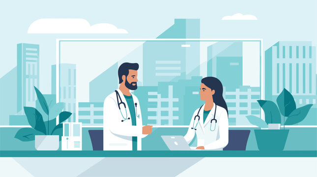 minimalistic vector scene depicting a doctor and nurse working together in a hospital setting. the doctor with a stethoscope and the nurse with a clipboard
