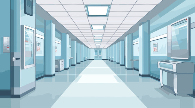 medical-themed vector background with of clinical whites and sterile blues. expansive, clear vector image of a hospital corridor with rows of neatly lined patient rooms