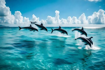 A playful group of dolphins leaping in unison from the crystal-clear waters of the ocean