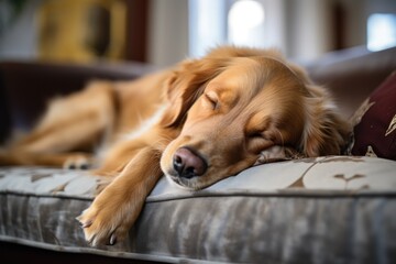 Photo of healthy dog peacefully rest on sofa. Generative AI.
