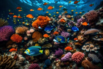 A coral reef teeming with colorful marine life, each creature contributing to an underwater tapestry