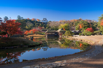 Fototapeta premium 紅葉の玄宮園と臨池閣と彦根城天守閣