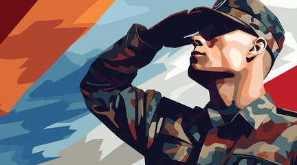 vector illustration celebrating military service. a soldier saluting, is portrayed against a clean, flat color background. 