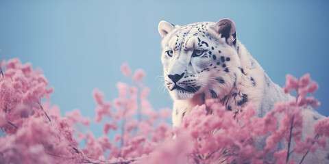 Vintage and retro photo of a Snow Leopard in pink blossoming branches. Postcard with a Snow Leopard...