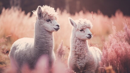 Close Up Portrait of two llamas in a Field in Pastel Colors. Farm Animal Photo with Vintage Retro Effect.