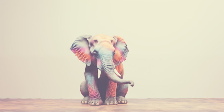 Surreal photo of a colorful elephant sitting in a room with copy space for text. 3d rendering in style of Vintage style Photo.