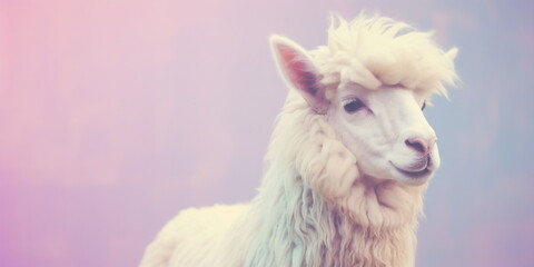 Fototapeta premium Close Up Portrait of an Alpaca against Purple and Blue Blurred Background. Photo of a Farm Animal