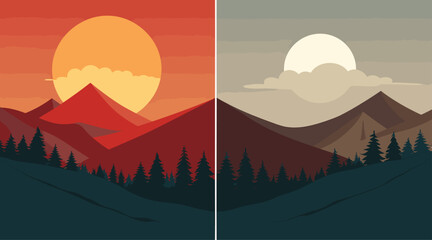 vector poster celebrating the beauty of sunrise and sunset. simplified sun rising or setting over a serene landscape, stands against a backdrop of changing sky colors. - obrazy, fototapety, plakaty