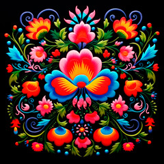 Beautiful embroidered flower pattern, folk art. Illustration. Created with generative, ai technology - 695152457