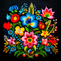 Beautiful embroidered flower pattern, folk art. Illustration. Created with generative, ai technology - 695152494