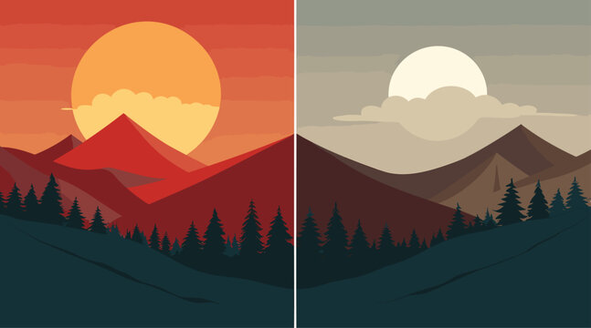 vector poster celebrating the beauty of sunrise and sunset. simplified sun rising or setting over a serene landscape, stands against a backdrop of changing sky colors.
