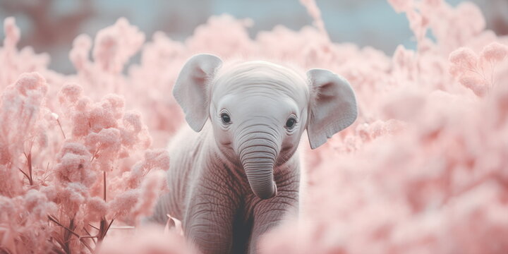 Close up of a cute Little elephant calf standing in a field of pink flowers. Vintage photo of baby elephant with peach fuzz flowers. Valentine's Day, Love Concept