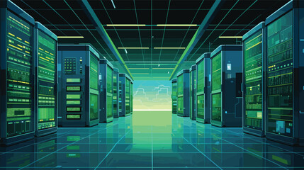 tech themed vector background server room blue and digital green. detailed vector representation of a high-tech data center with rows of servers and network