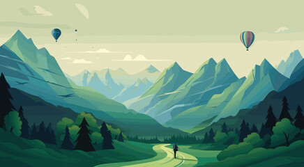 travel themed vector background adventurous shades of expedition green and exploration blue. vector illustration of an adventurous landscape with towering mountains and winding trails - obrazy, fototapety, plakaty