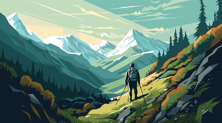 travel themed vector background adventurous shades of expedition green and exploration blue. vector illustration of an adventurous landscape with towering mountains and winding trails.