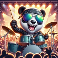 A cartoon character panda bear playing drums on state before an audience.
