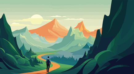 travel themed vector background adventurous shades of expedition green and exploration blue. vector illustration of an adventurous landscape with towering mountains and winding trails. - obrazy, fototapety, plakaty