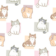 Seamless Pattern of Cartoon Cat and Pastel Square Design on White Background