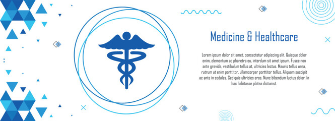 Medicine and Healthcare banner with geometric abstract pattern design, Hippocratic symbol, Caduceus, A logo that mostly used in the medical field, copy space for text - obrazy, fototapety, plakaty