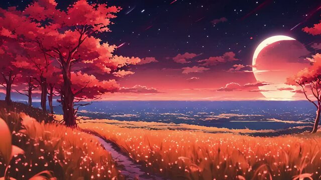walk through Crimson Quasar Fields, your feet sink into soft, rustcolored grass. Above you, night canvas ling stars, with brilliant glow quasars casting otherworldly glow 2d animation