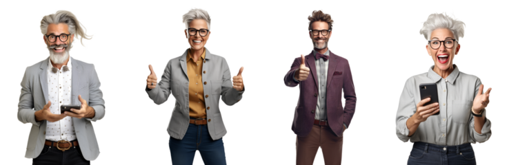 Set of Portrait of middle aged man and woman holding using smart phone with surprise attractive cheerful amazed, isolated on white background, png