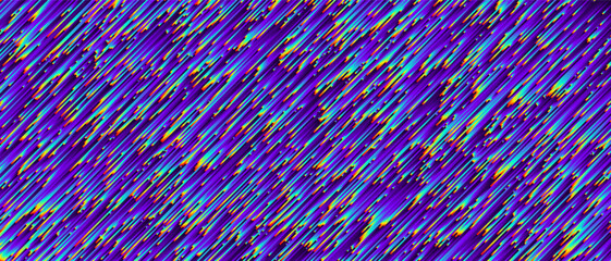 Pixel sorting style background with diagonal holographic iridescent lines. Geometric trendy grunge pixelart design. Colorful dynamic distorted motion digital noise texture. Vector illustration