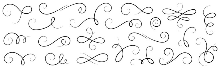 Line flourish swirl vector calligraphy ornament elements. Fancy line flourish text typography accent, filigree modern curve ornament. Curl elegant vintage simple design elements. Vector illustration - obrazy, fototapety, plakaty