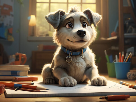 3D Rendered Animated Cartoon Artist Dog Character with an Adorable joyful appearance Farm Animal. 