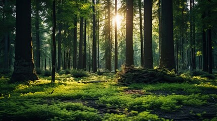 Obraz premium A beautiful green forest in summer evening beautiful