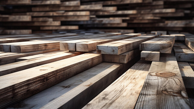 Wood building material planks are used for construction. The wooden furniture on the construction site. Close-up