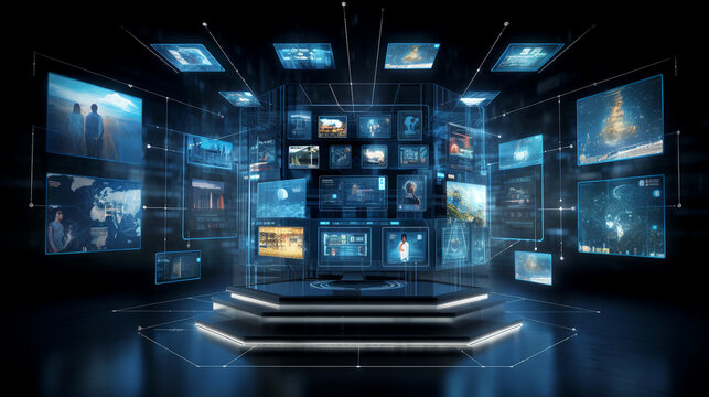 The inside of a large, modern security system control room featuring workstations with multiple displays, serving as a monitoring hub within a security data center.